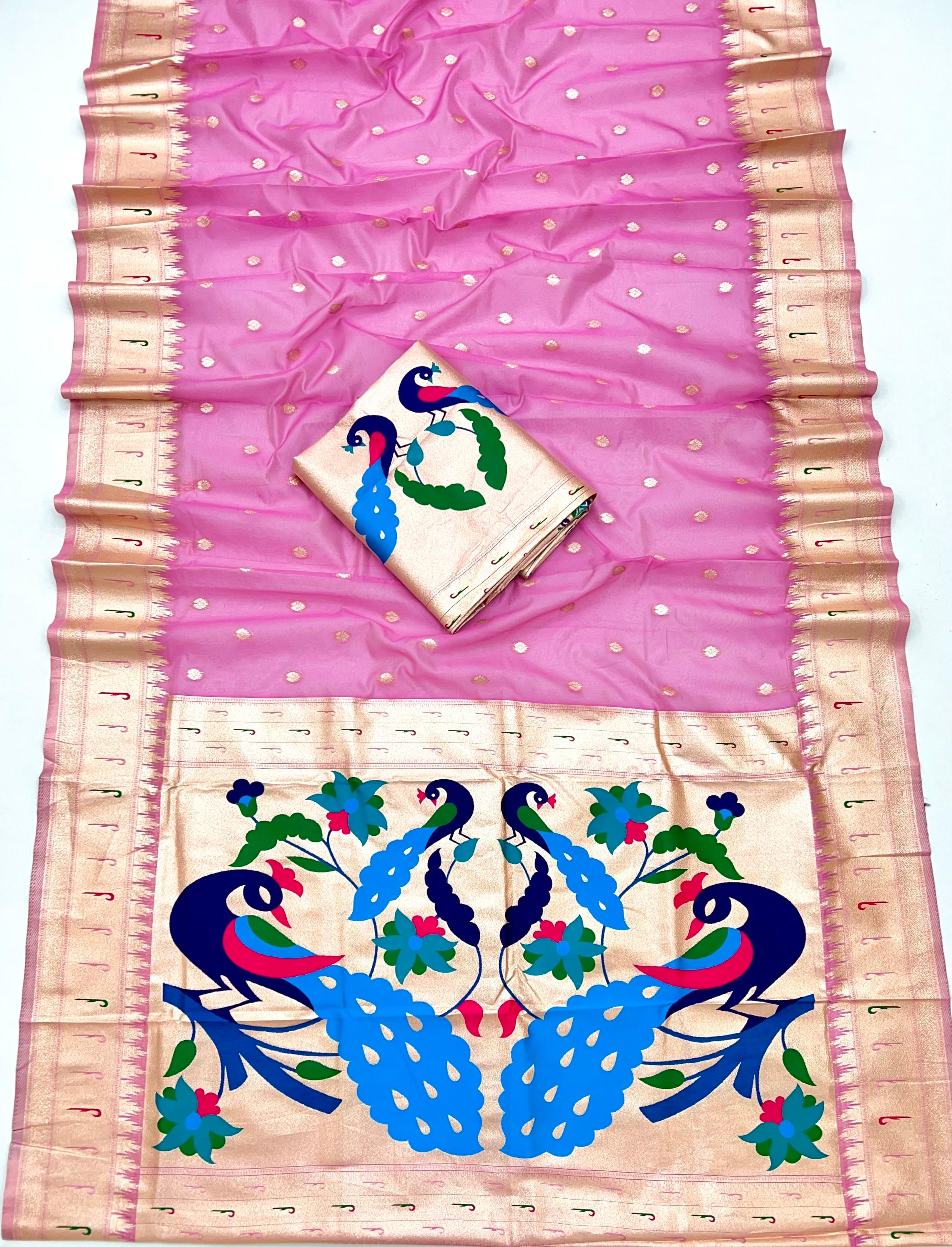 Baby Pink Paithani-Inspired Organza Tissue Saree with Brocade Blouse