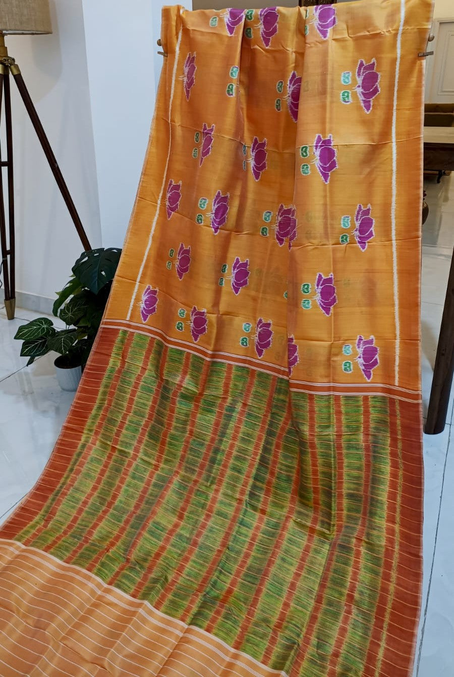 Exclusive Yellow Color Khandua Mulberry Silk Lotus Motif Saree