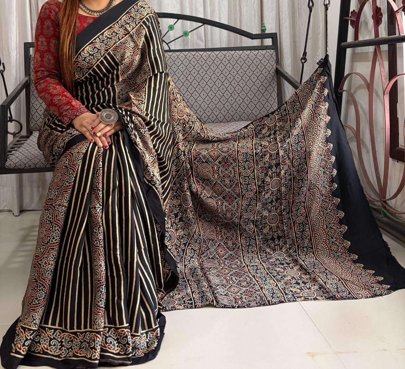 Ajrakh Handblock Stripe Modal Silk Saree – Natural Vegetable Dyed