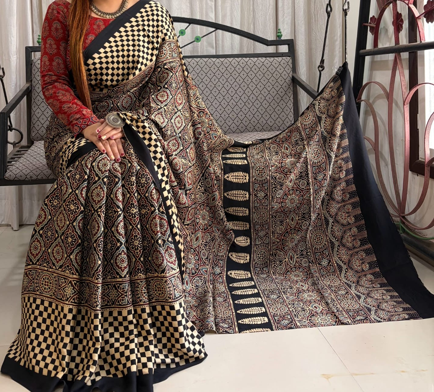 Unique Ajrakh Handblock Modal Silk Saree – Natural Vegetable Dyed