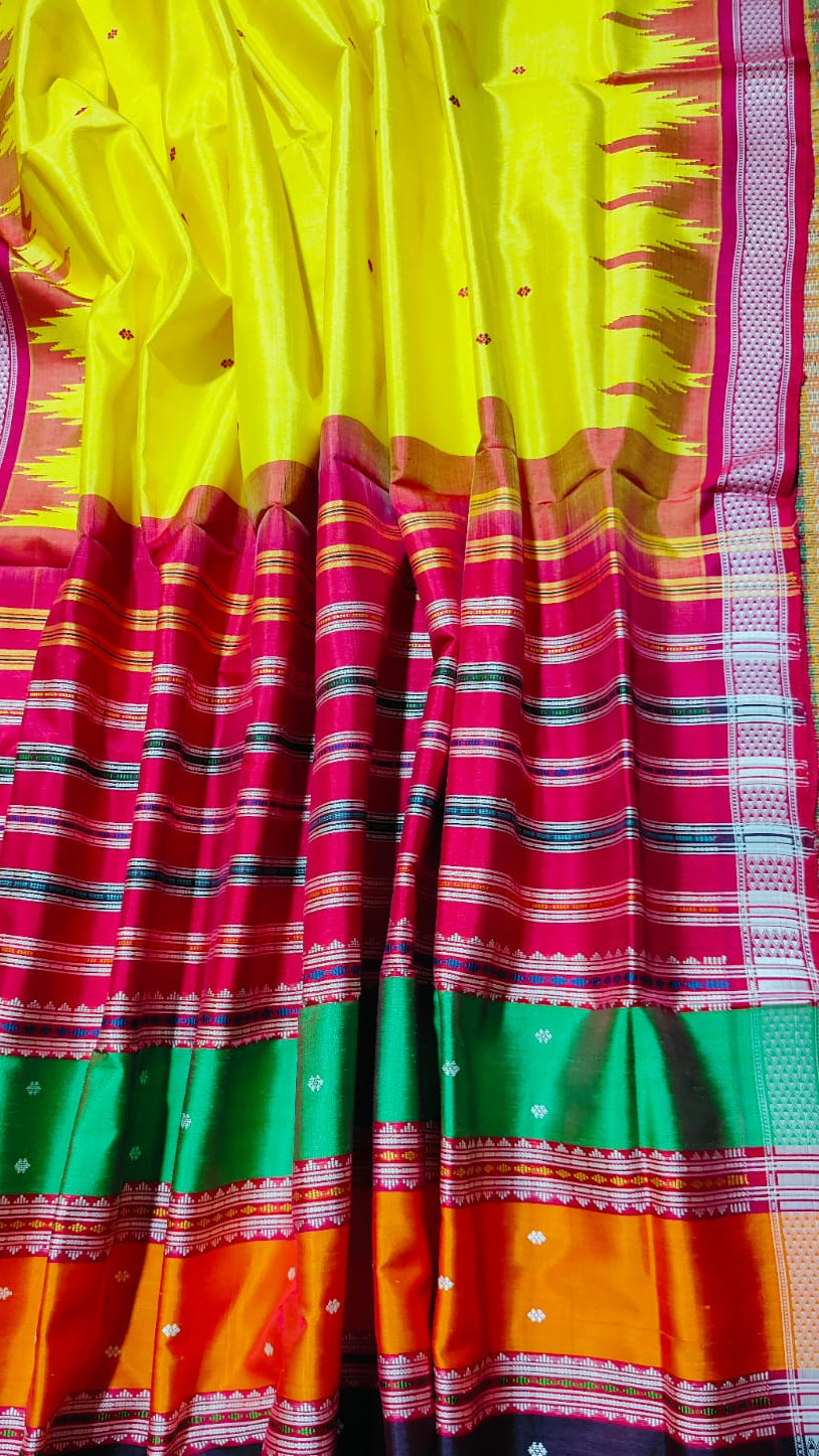 Beautiful yellow color silk sare with multicolor pallu