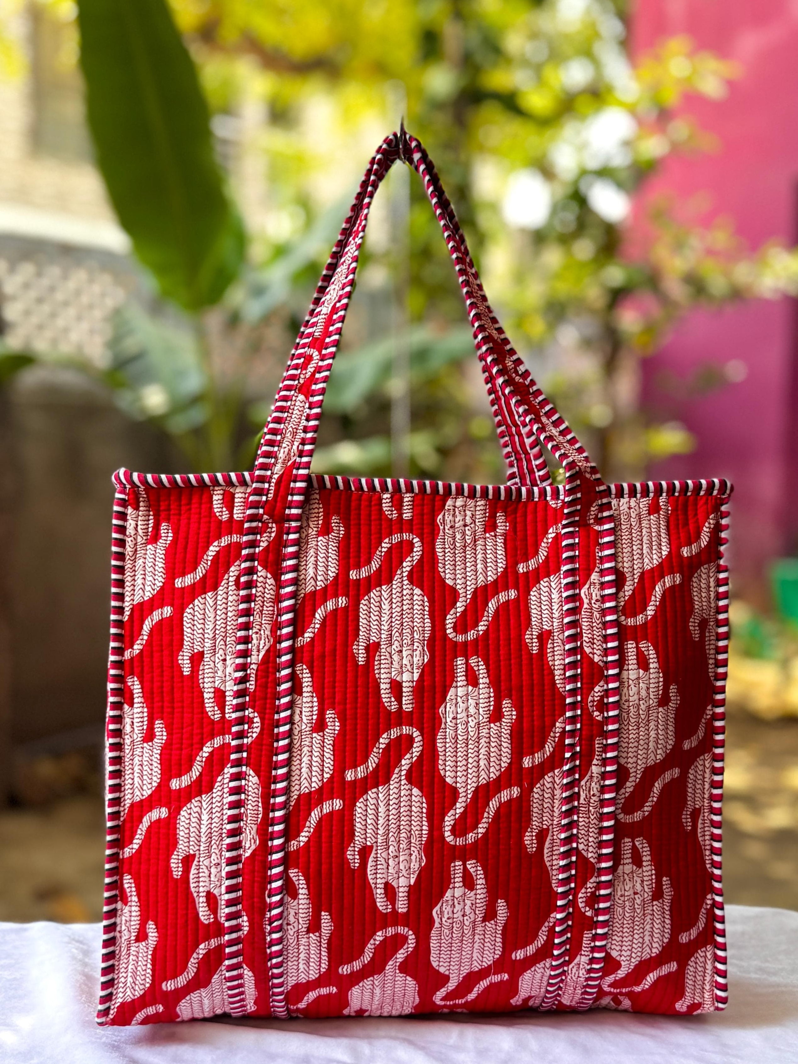 Stylish Hand Block Printed Quilted Tote Bag With Zip Closure