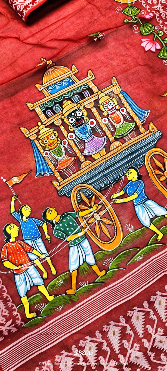 Exclusive Hand-Painted Pattachitra Dhakai Jamdani Cotton Saree | Jagannath Rath Yatra Design