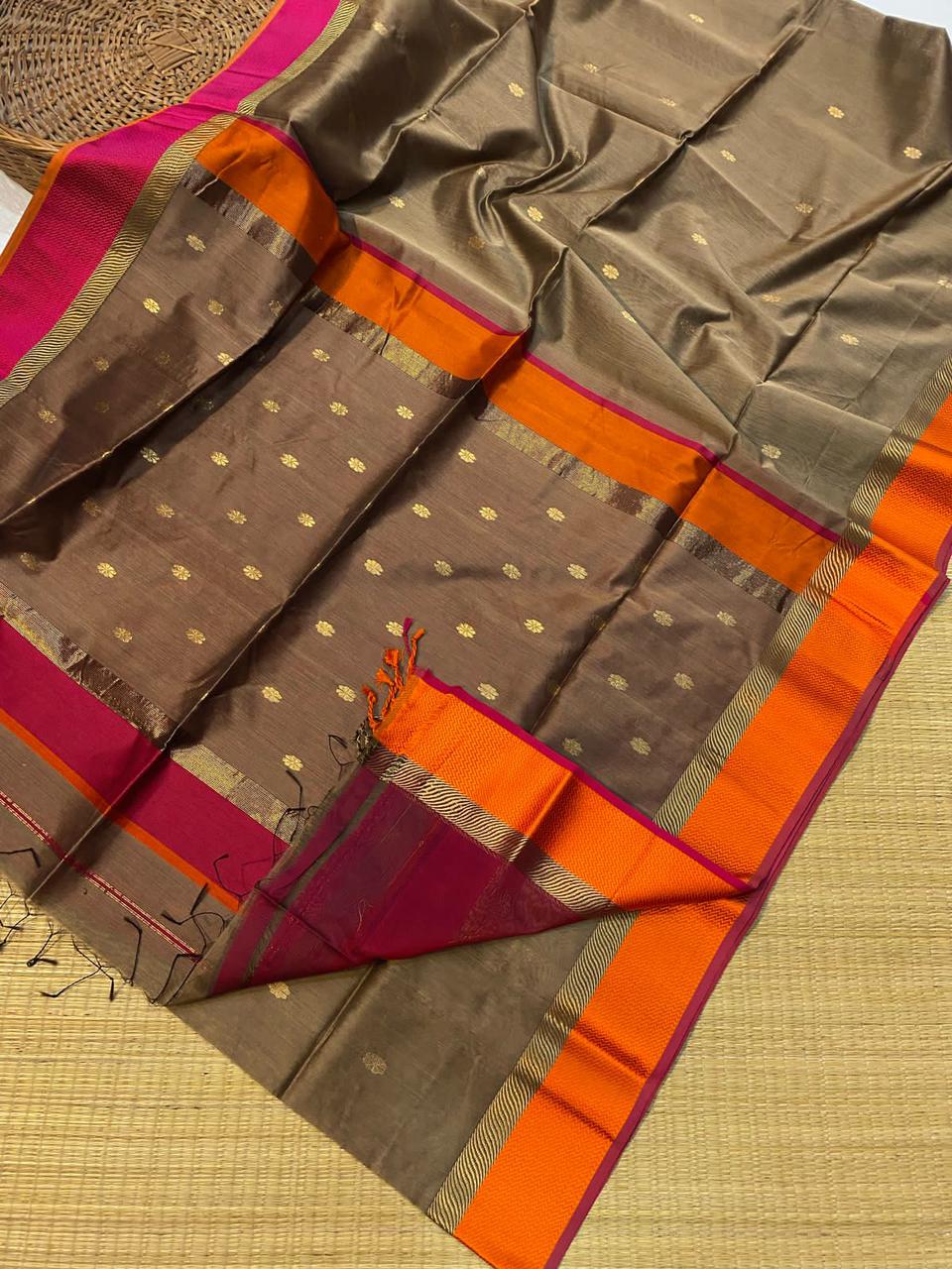 Authentic Maheshwari Silk Rich Color Saree with Golden Zari