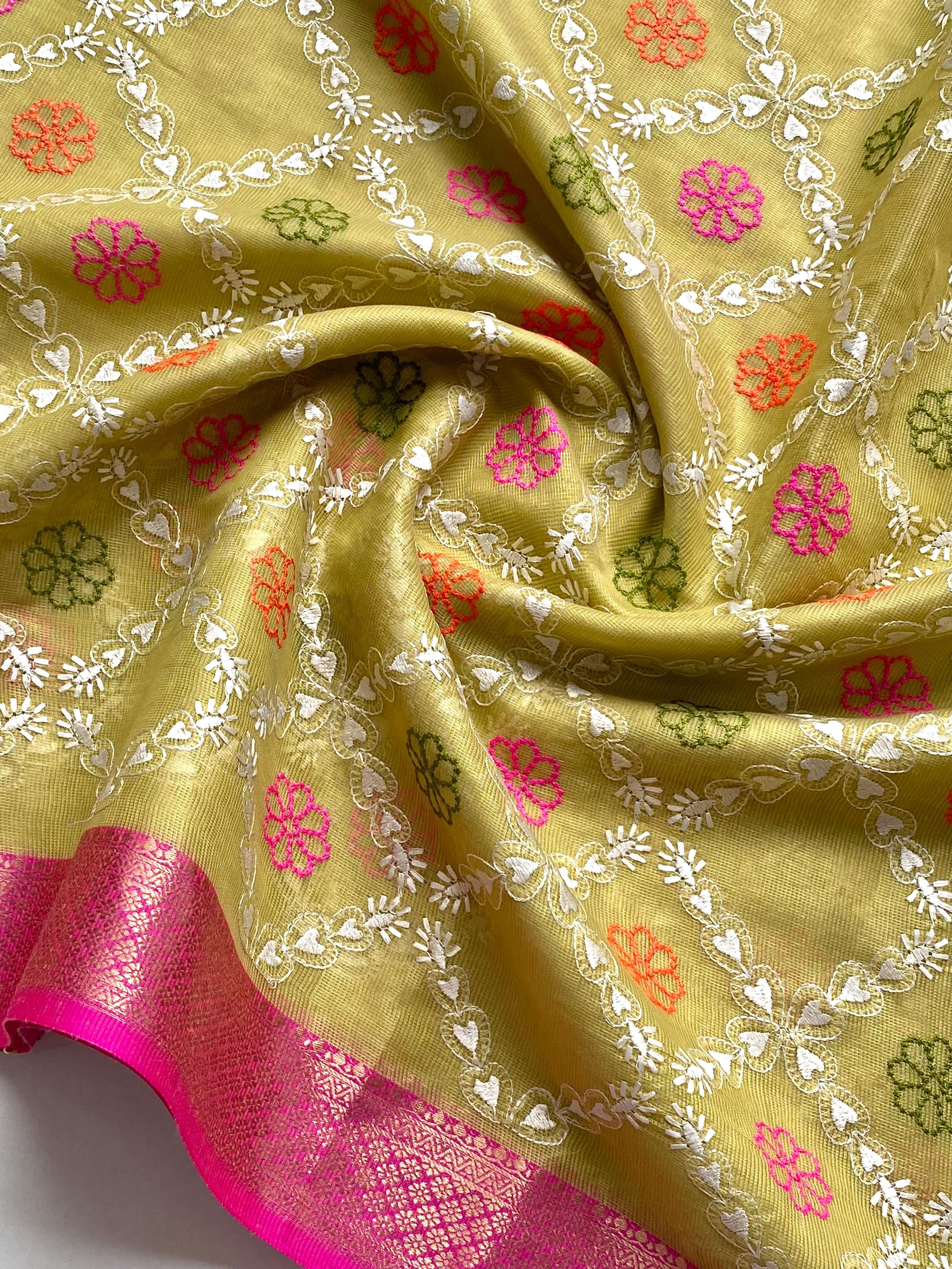 Pure Tissue Kota Embroidery Saree with Pink Contrast Border