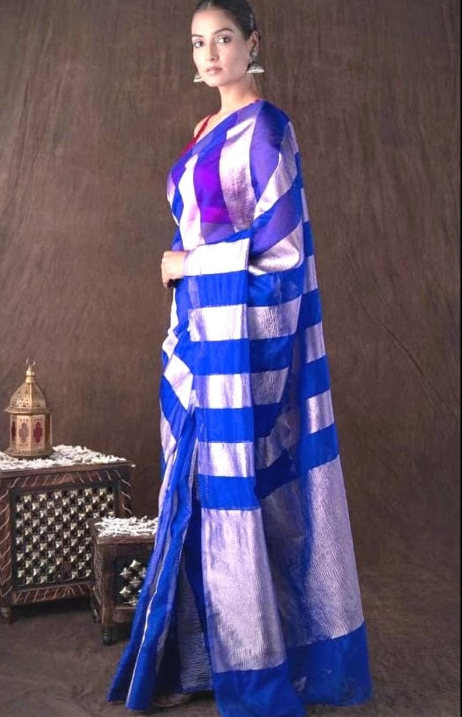 Royal Blue Silver Striped Chanderi Tissue Saree
