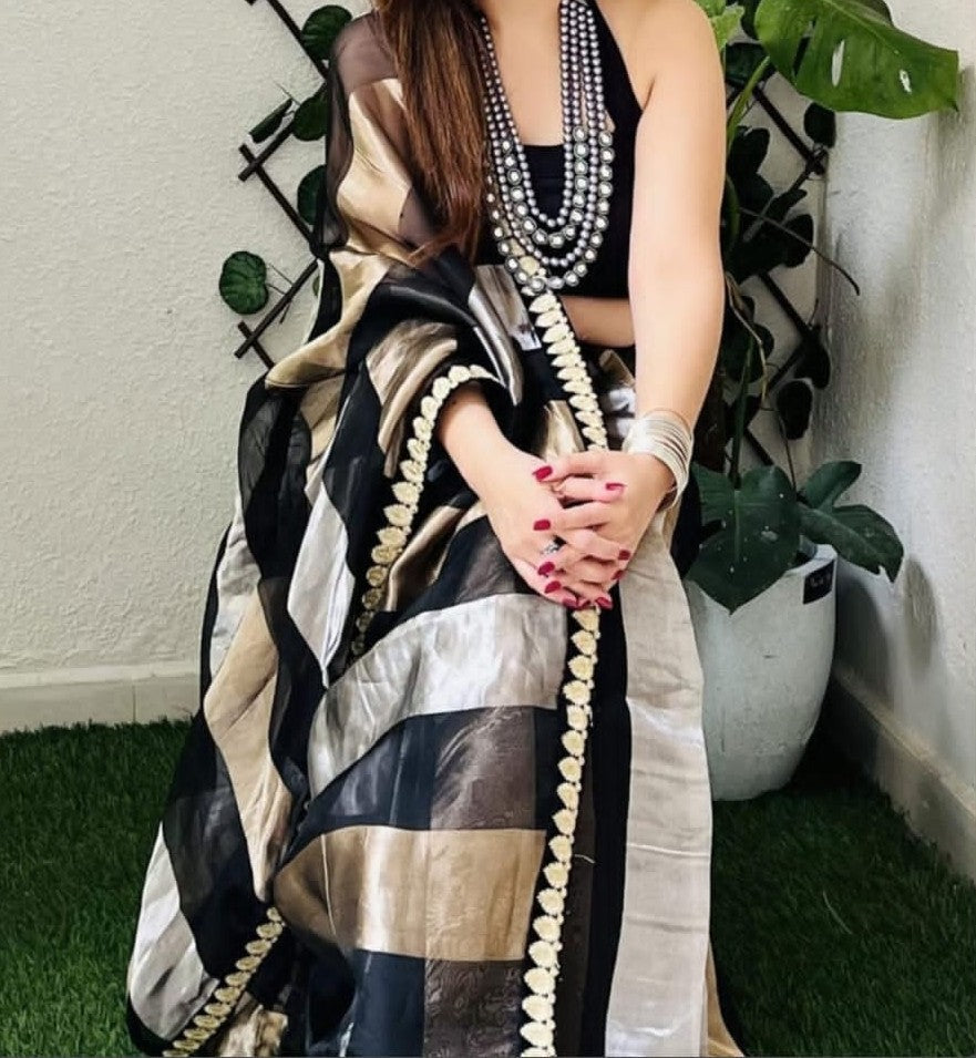 Chanderi Pattu Tissue Silk Stripe Pattern Saree