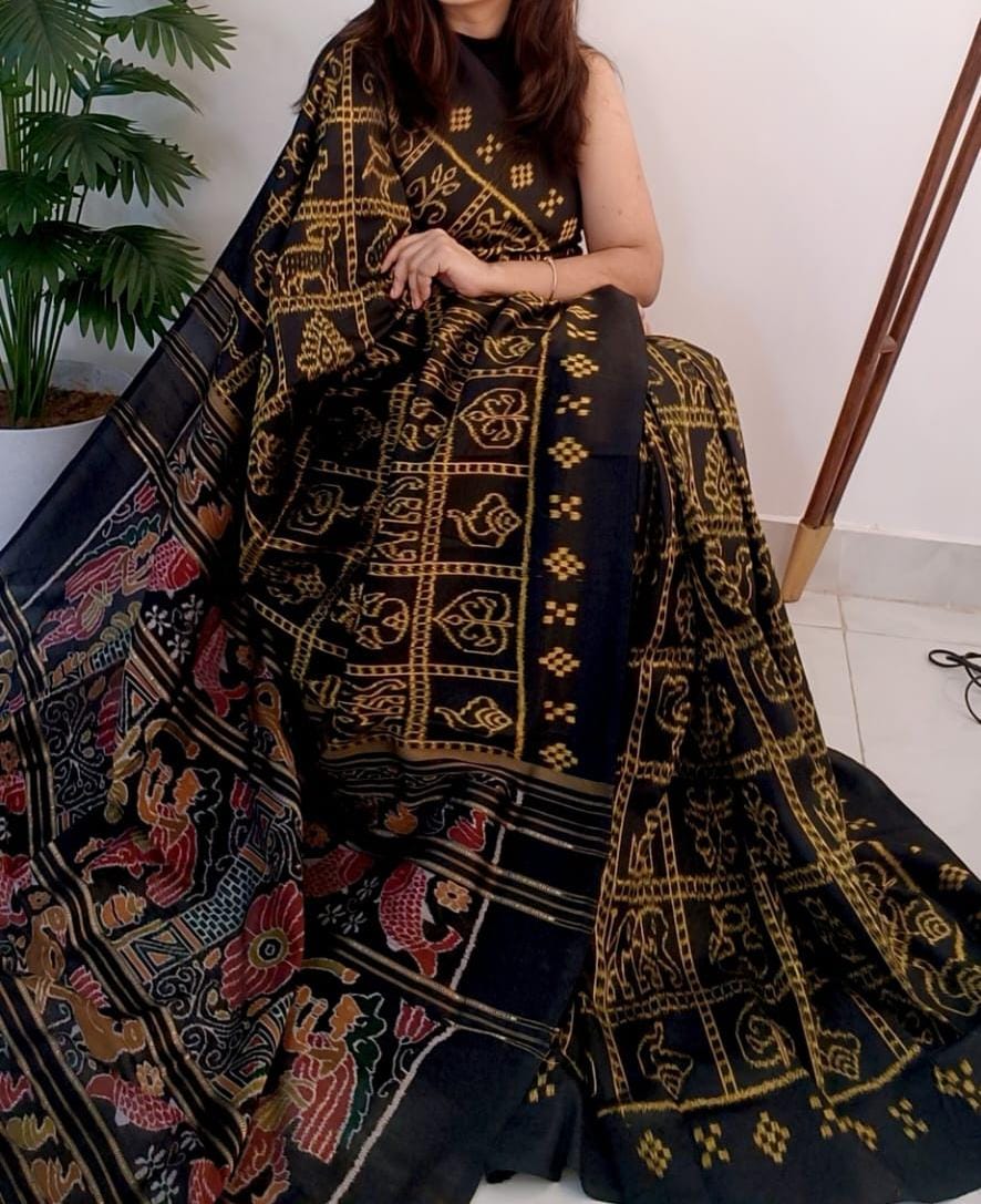 Yellow With Black 4ply Nabakothi Khandua Mulberry Silk Saree