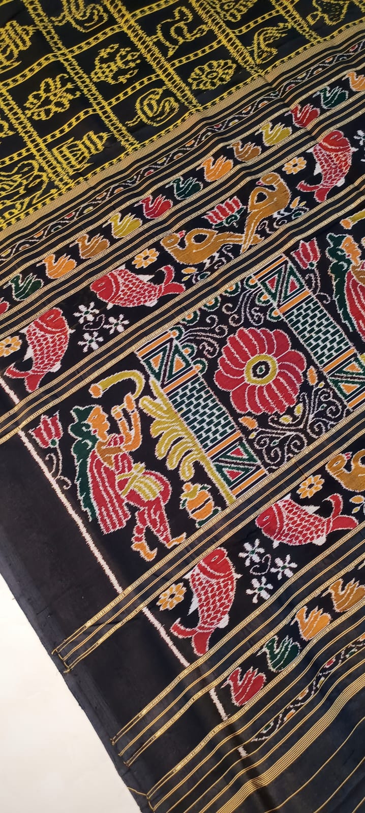 Yellow With Black 4ply Nabakothi Khandua Mulberry Silk Saree