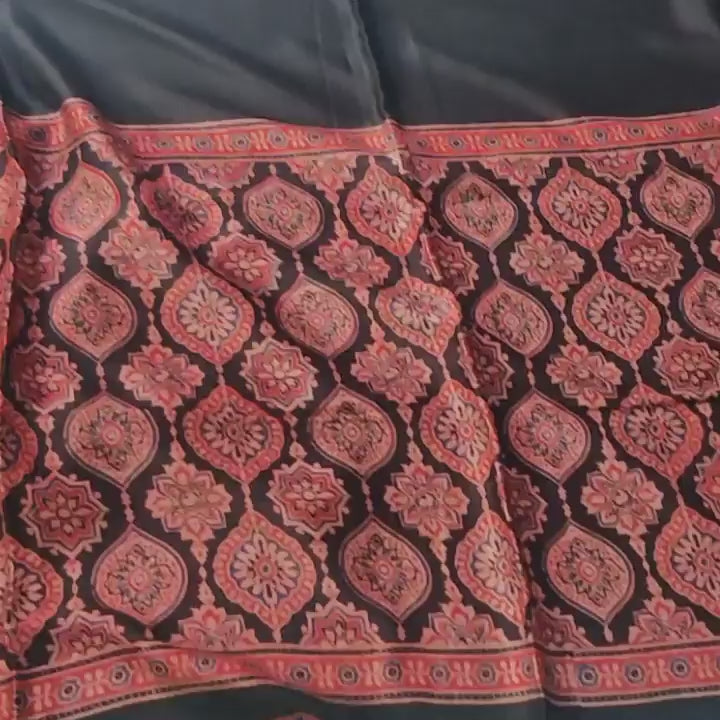 Authentic Red and Black Ajrakh Handblock Print Modal Silk Saree