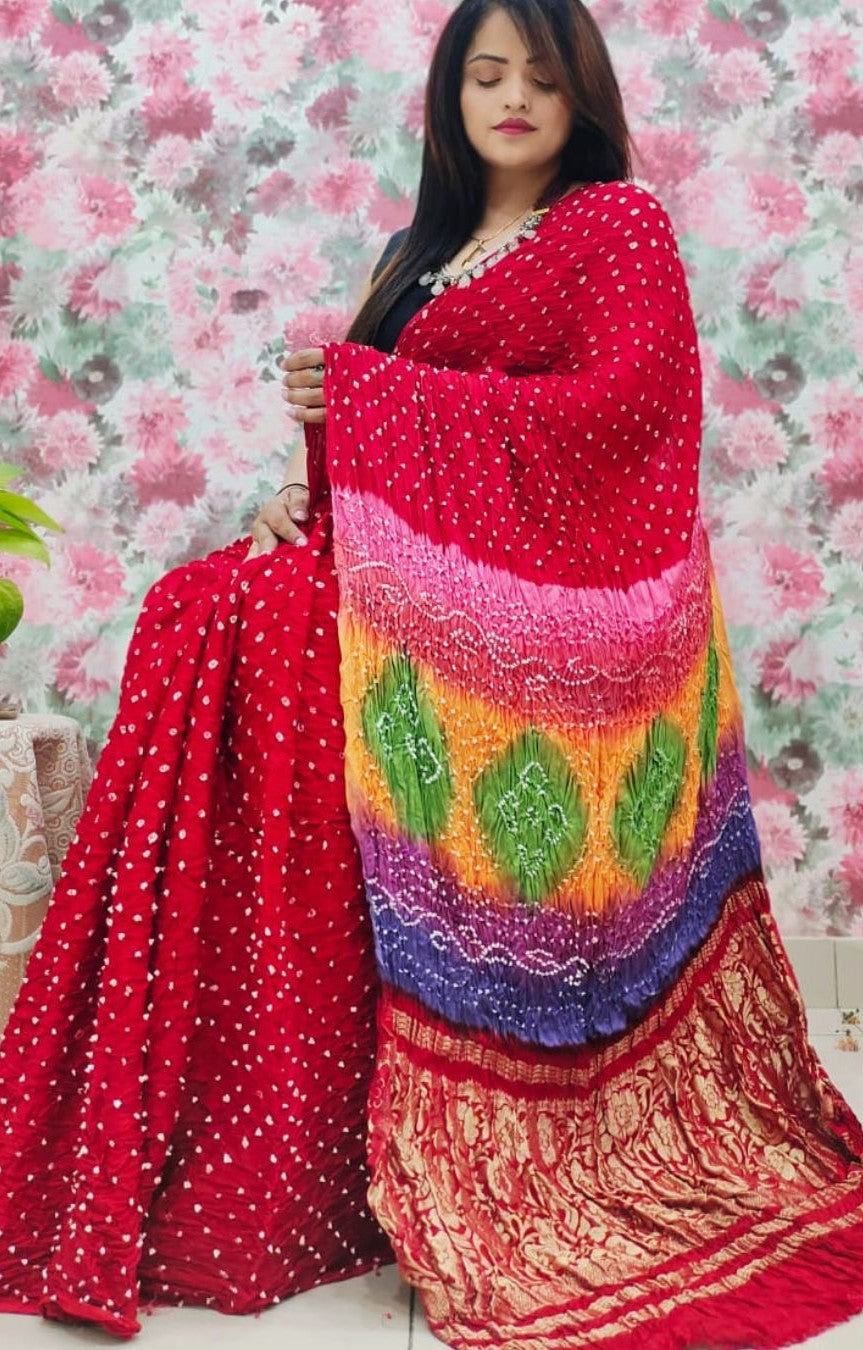 Kutchi Bandhani Work Multicolor Pallu Designer Saree