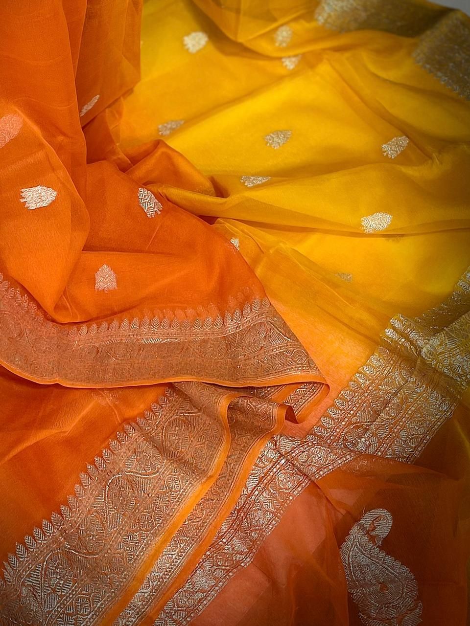 Authentic Banarasi Khaddi Georgette Handloom Saree | Silver Zari Butta | Orange & Yellow
