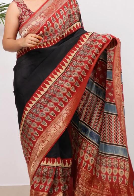 Ajrakh Pure Modal Silk Handblock Print Saree