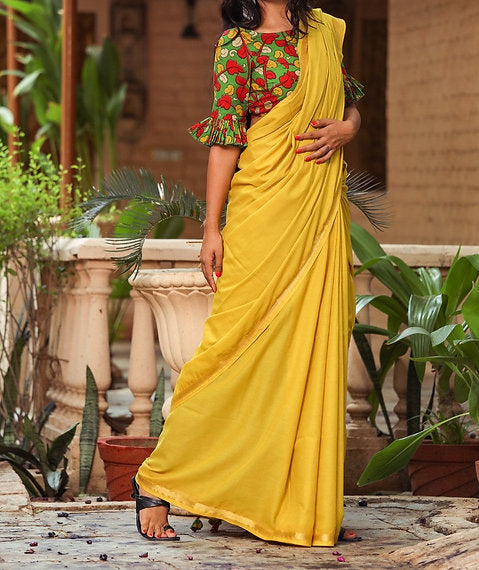 Utsava Collection - Mulmul Cotton Saree With Kalamkari Blouse Piece