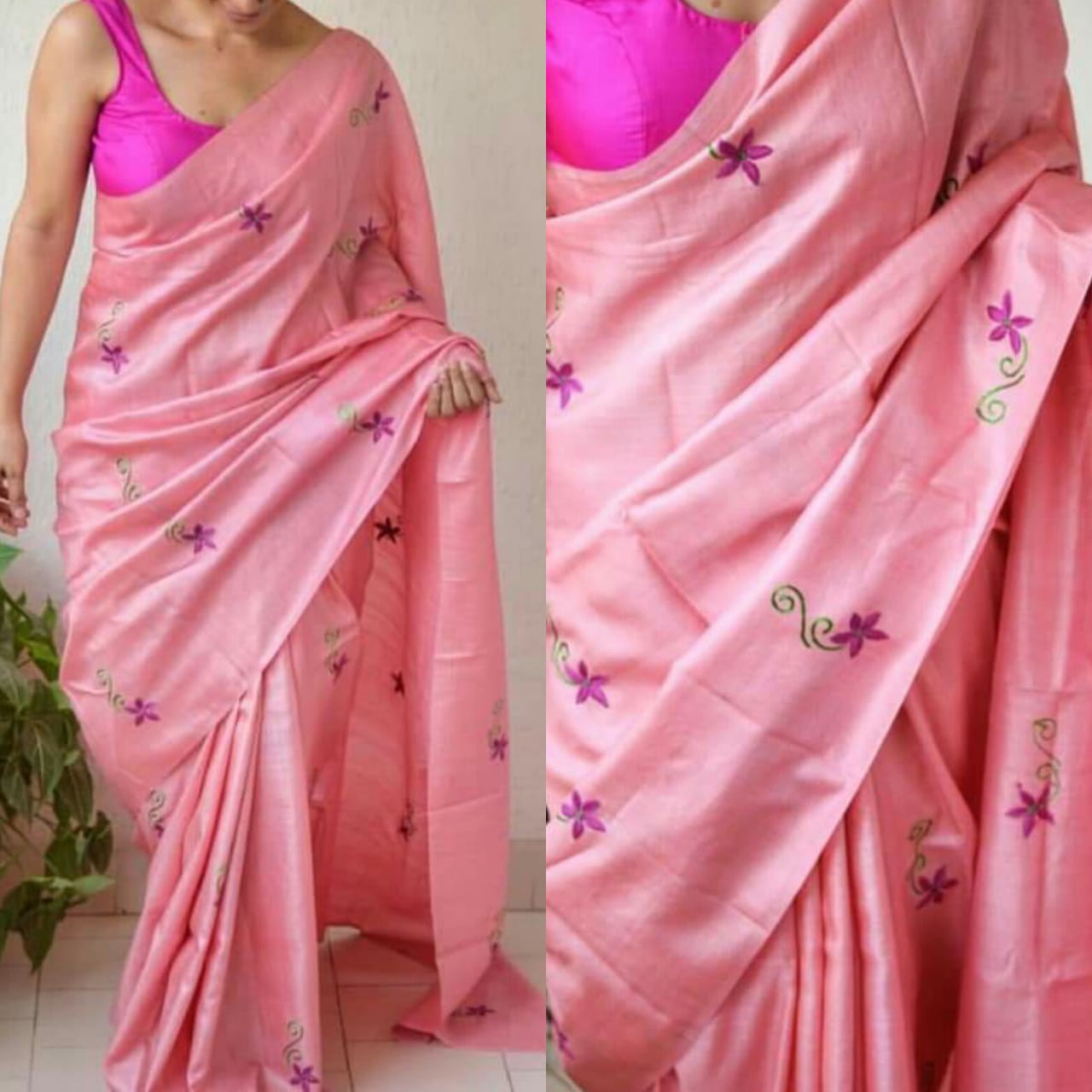 Pink Handwoven Saree Pure Tussar Silk Saree With Contrast Blouse Piece