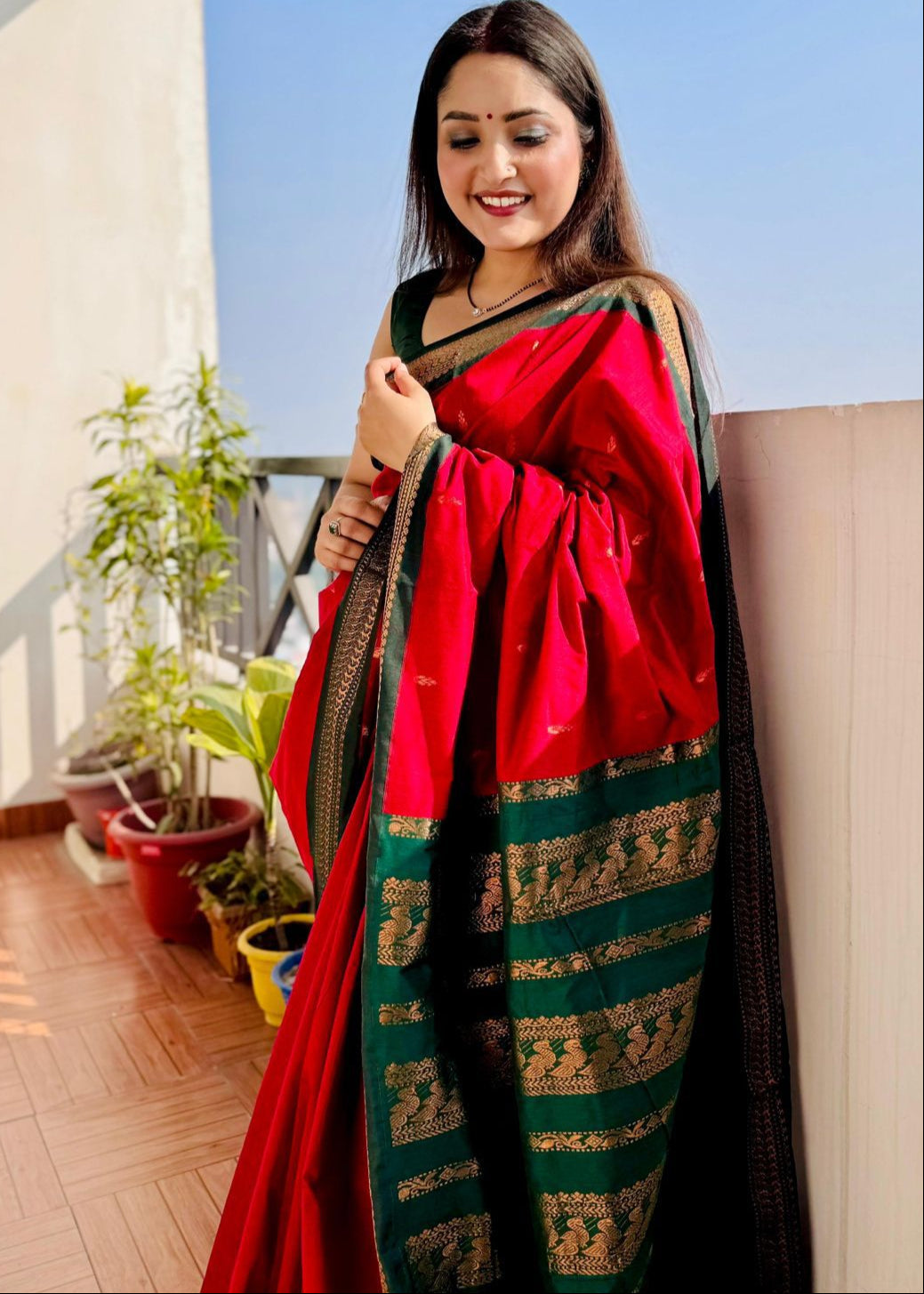 Red and Green Pure Gadwal Cotton Saree