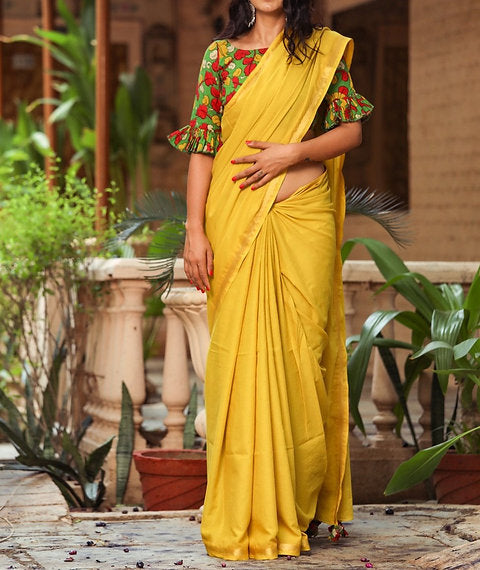 Utsava Collection - Mulmul Cotton Saree With Kalamkari Blouse Piece