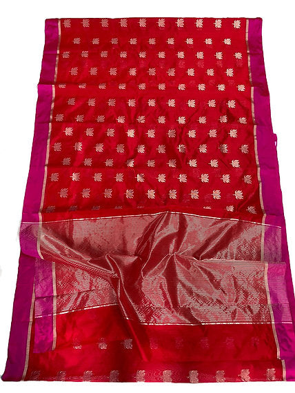 Chanderi Handloom Pattu Soft Silk Lotus Motif Resham Border Saree