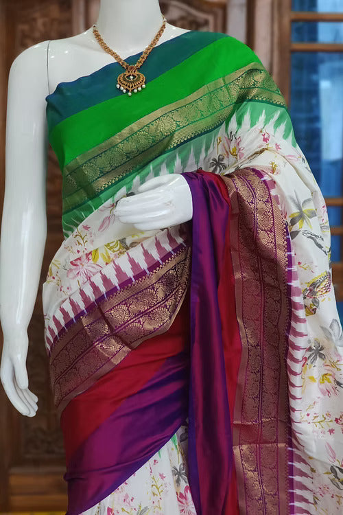 Exclusive Digital Floral Print Ikkat Silk Kanchi Border Pattu Saree