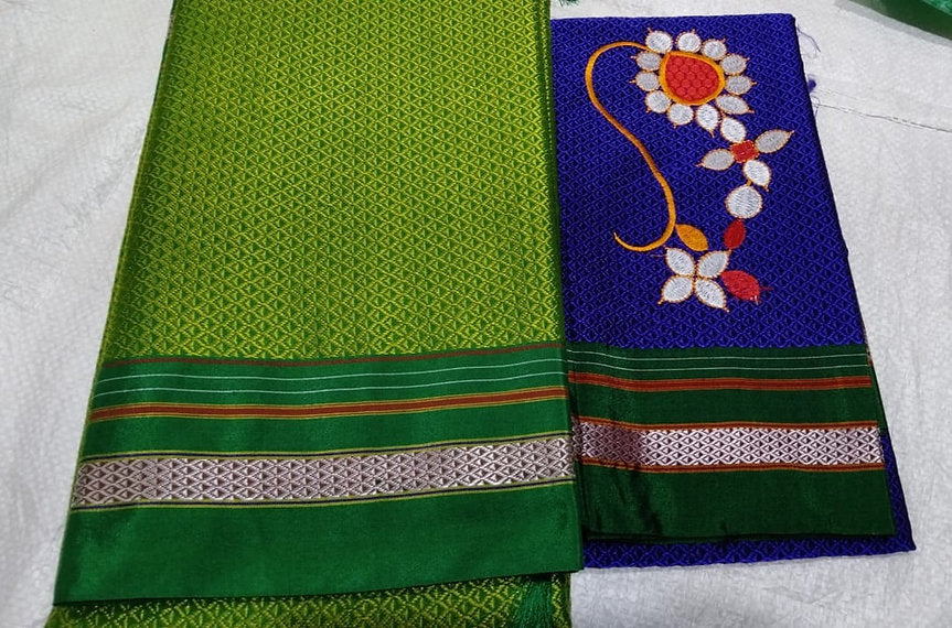 Vibrant Green Resham Khun Saree With Nath Motif Blouse Piece