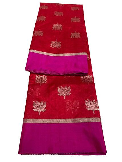Chanderi Handloom Pattu Soft Silk Lotus Motif Resham Border Saree