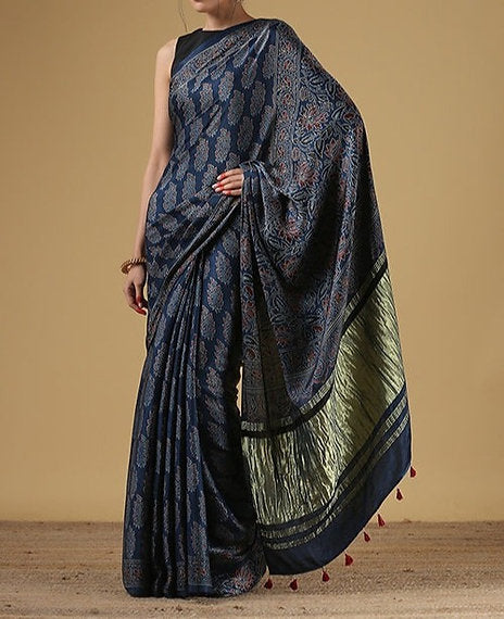 Indigo Modal Silk Ajrakh Hand Block Print Saree