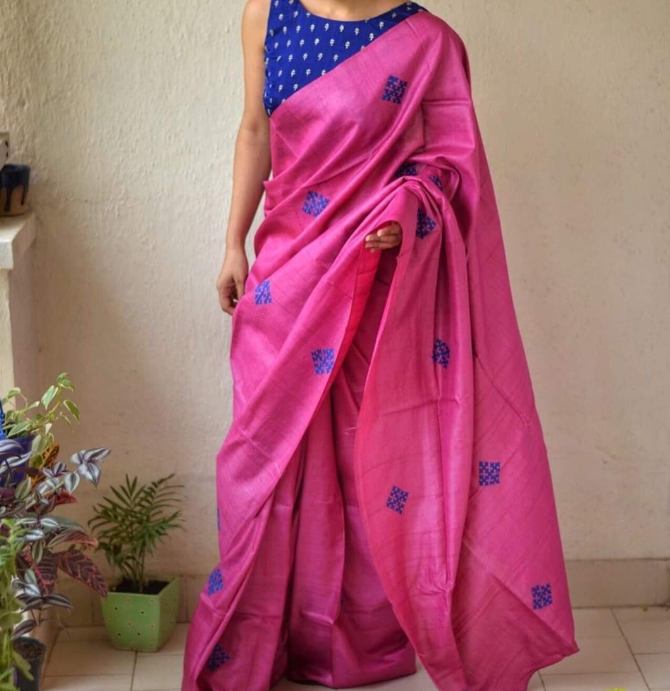 Pink Handloom Handwoven Pure Tussar Silk Saree With Contrast Blouse Piece