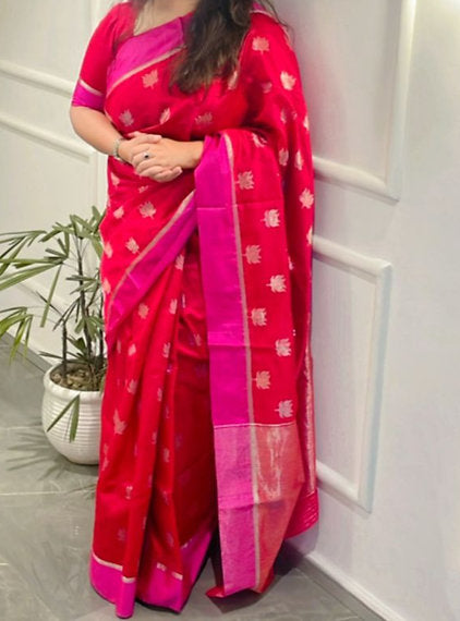 Chanderi Handloom Pattu Soft Silk Lotus Motif Resham Border Saree