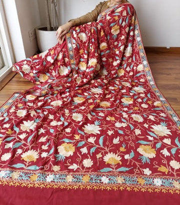 Luxurious Handcrafted Aari Work Kashmiri Embroidery Crepe Saree