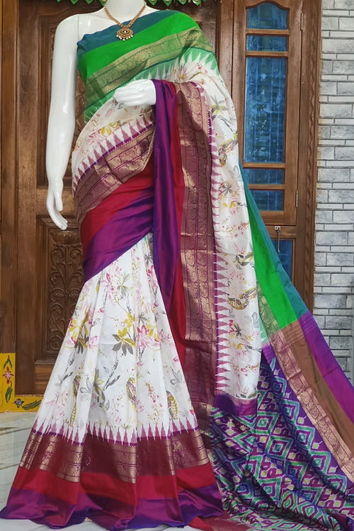 Exclusive Digital Floral Print Ikkat Silk Kanchi Border Pattu Saree