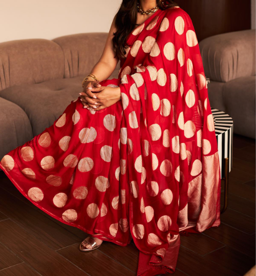Red & Golden Handloom Chanderi Katan Silk Saree | Pure Handwoven