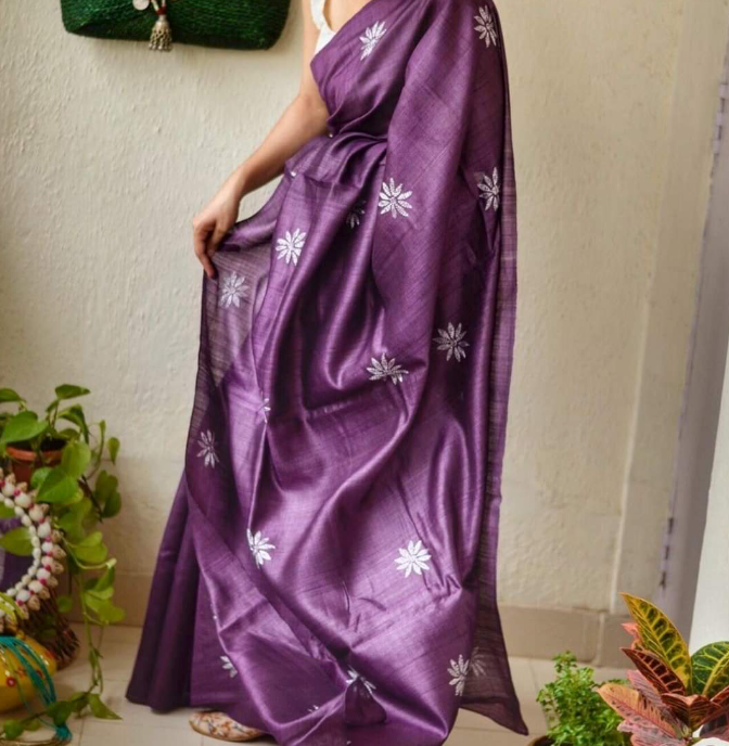 Violet Handloom Handwoven Pure Tussar Silk Saree With Contrast Blouse Piece