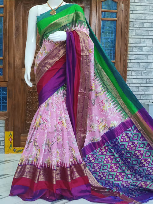 Exclusive Digital Floral Print Ikkat Silk Kanchi Border Pattu Saree