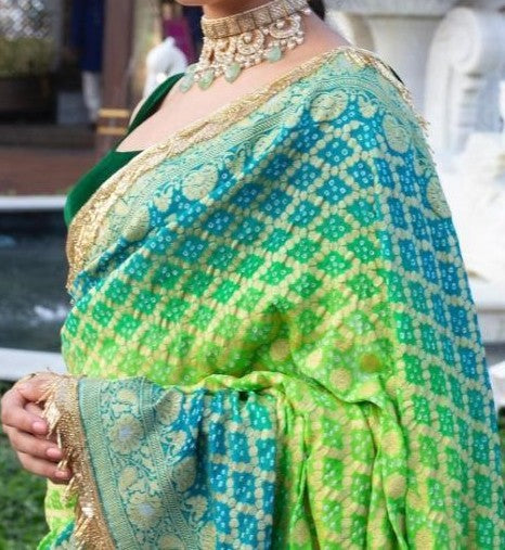 Pure Khaddi Banarasi Georgette Saree | Neem Zari Nakshi Weaving & Bandhej Tie-Dye