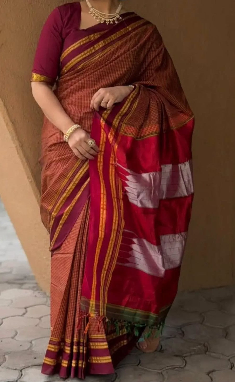 Karnataka Handloom Ragawali Checks Ilkal Saree | Pure Cotton Viscose with Pure Silk Pallu