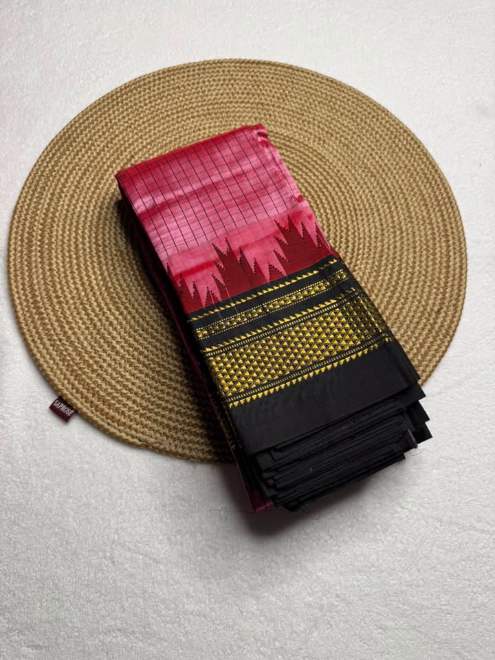 Karnataka Ilkal Pure Silk Handloom Saree with Small Kaddi Checks and Multi-Tope Silk Pallu
