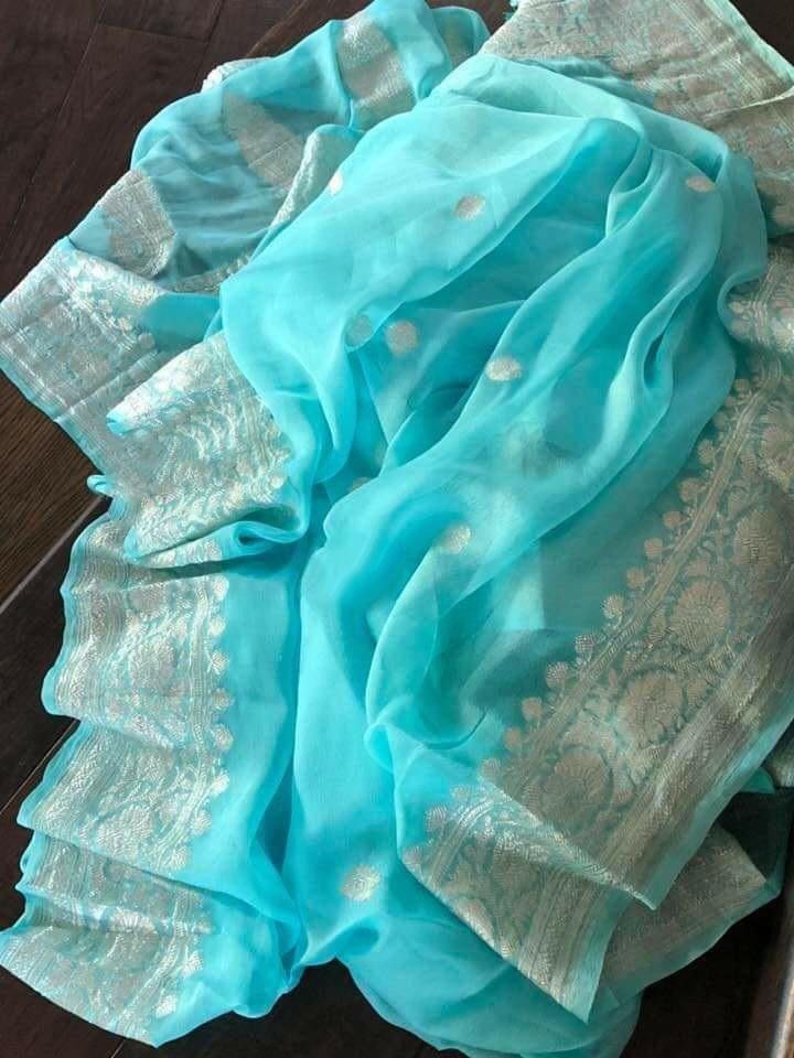 Authentic Banarasi Khaddi Georgette Handloom Saree | Silver Zari Butta