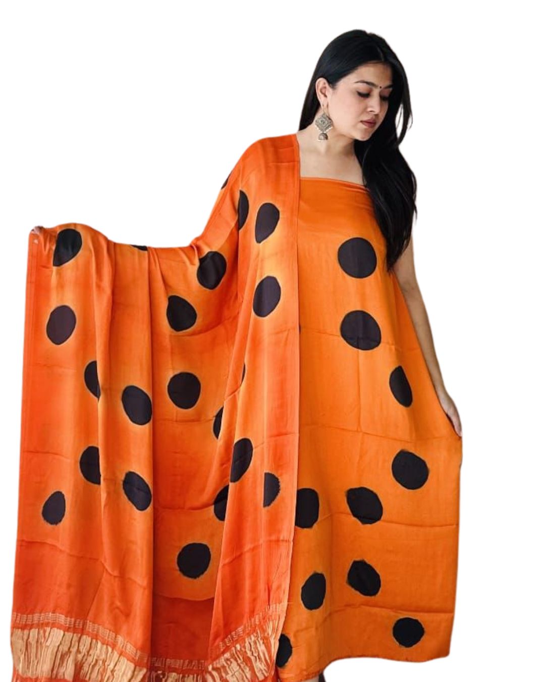 Pure Modal Silk Polka Dot Handblock Print Suit Set with Zari Dupatta