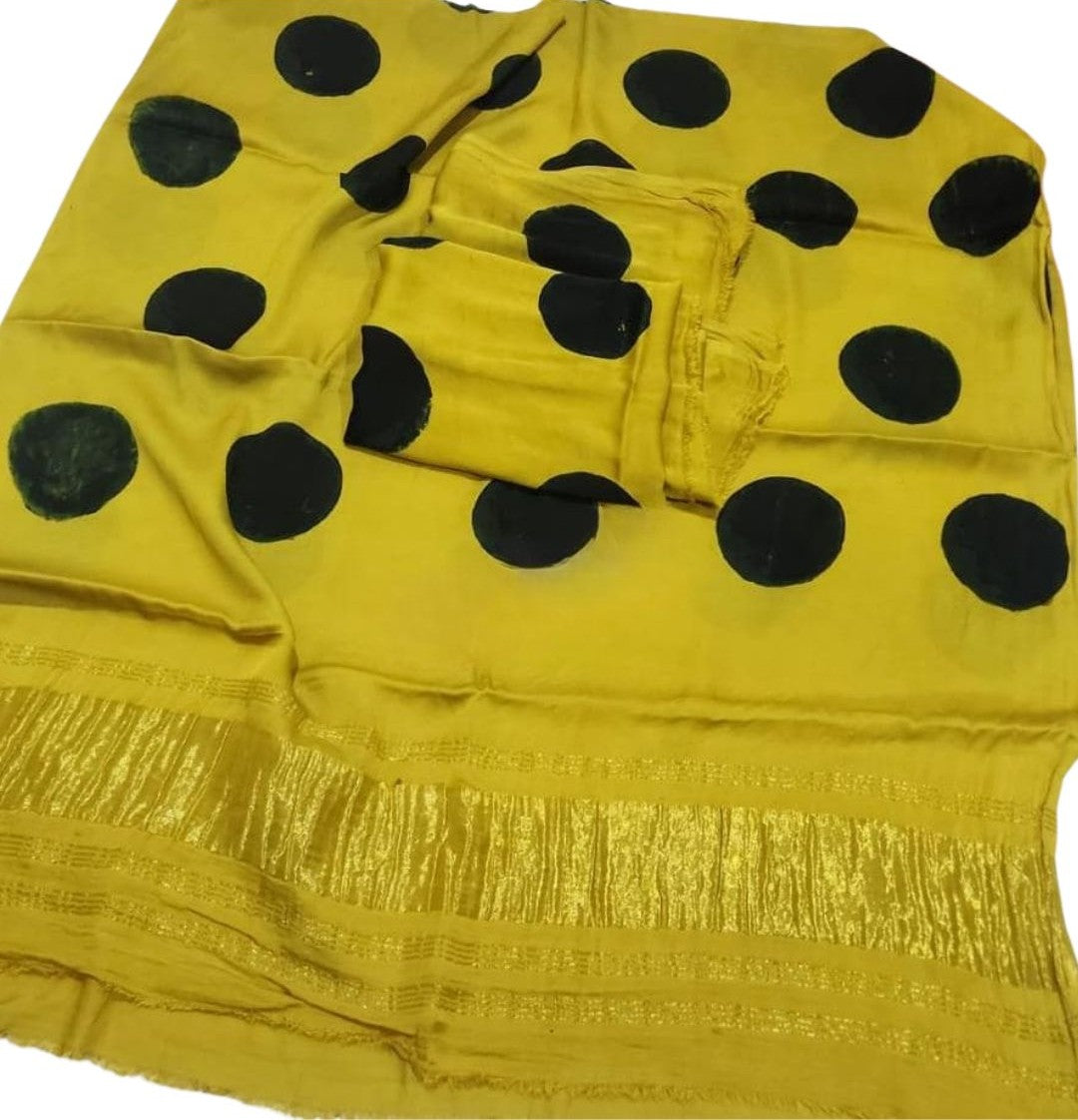 Pure Modal Silk Polka Dot Handblock Print Suit Set with Zari Dupatta