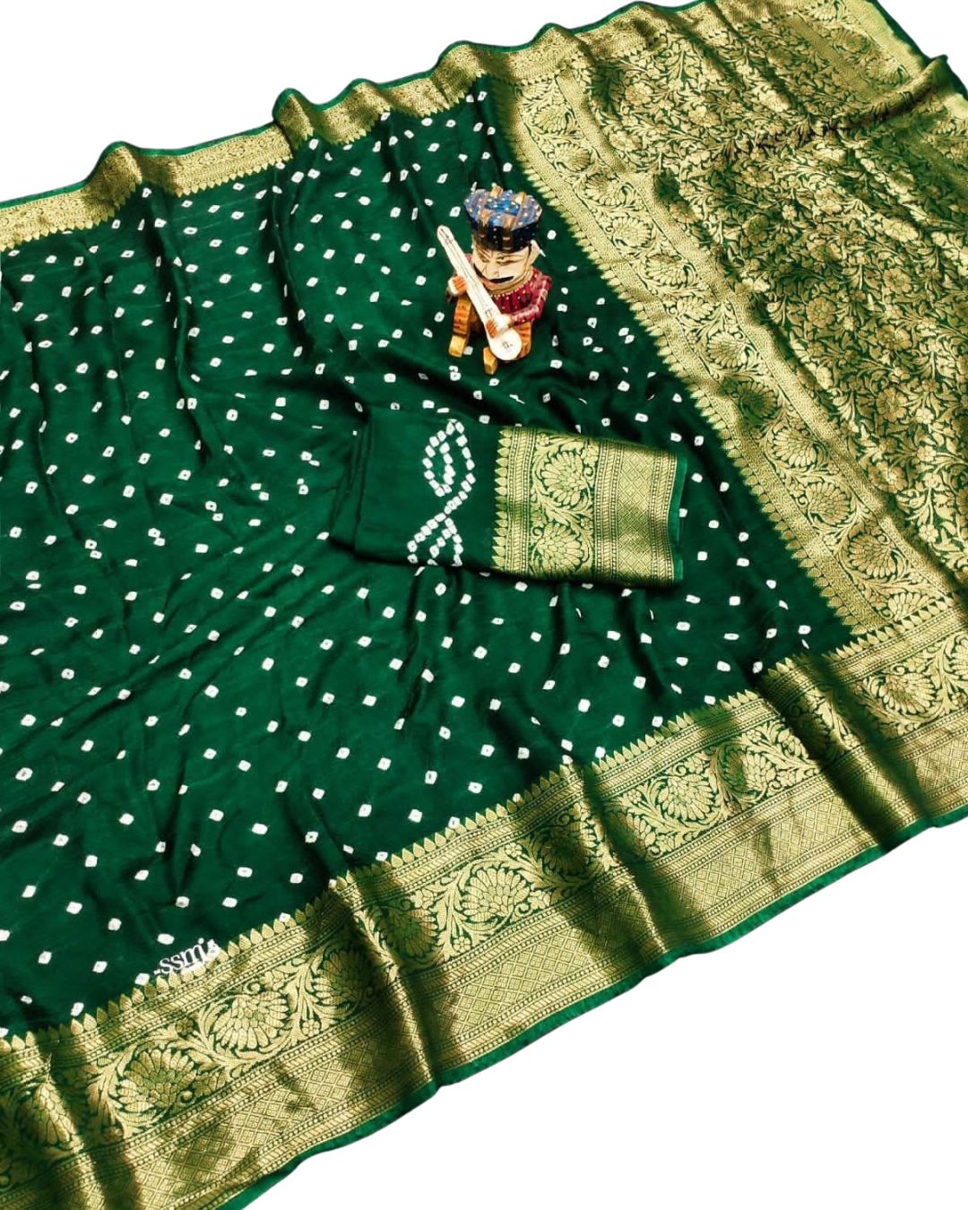 Green Cotton Silk Bandhani Saree with Traditional Hand Dyeing