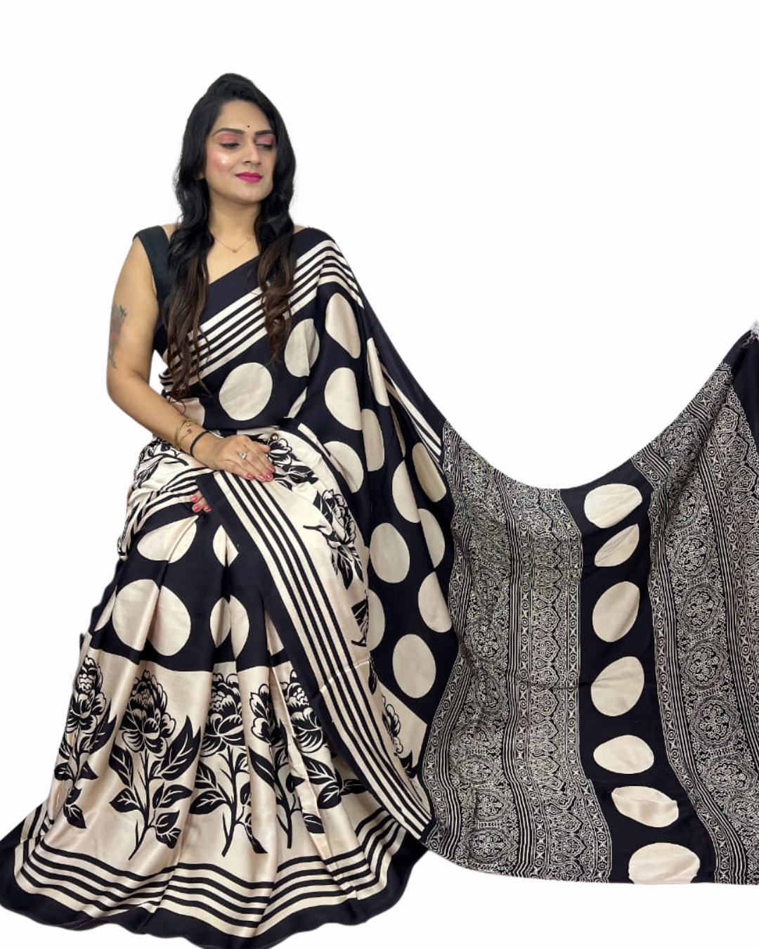 Pure Modal Silk Saree with Ajrakh Hand Block Print | Natural Vegetable Dyed