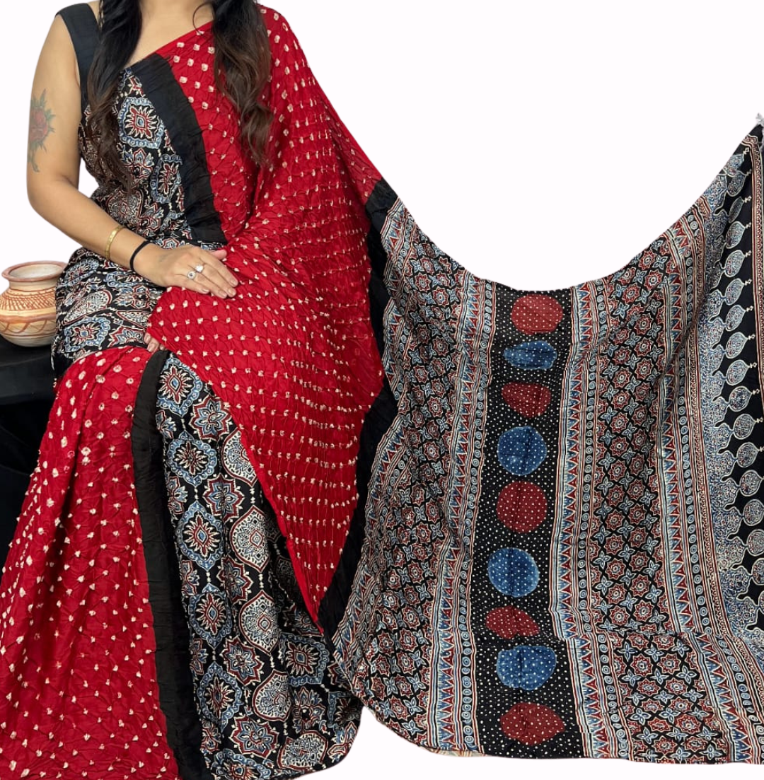 Ajrakh and Bandhani Pure Modal Silk Saree