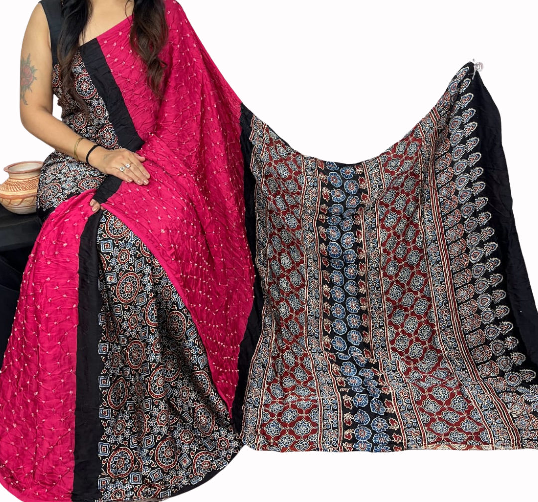 Ajrakh and Bandhani Pure Modal Silk Saree