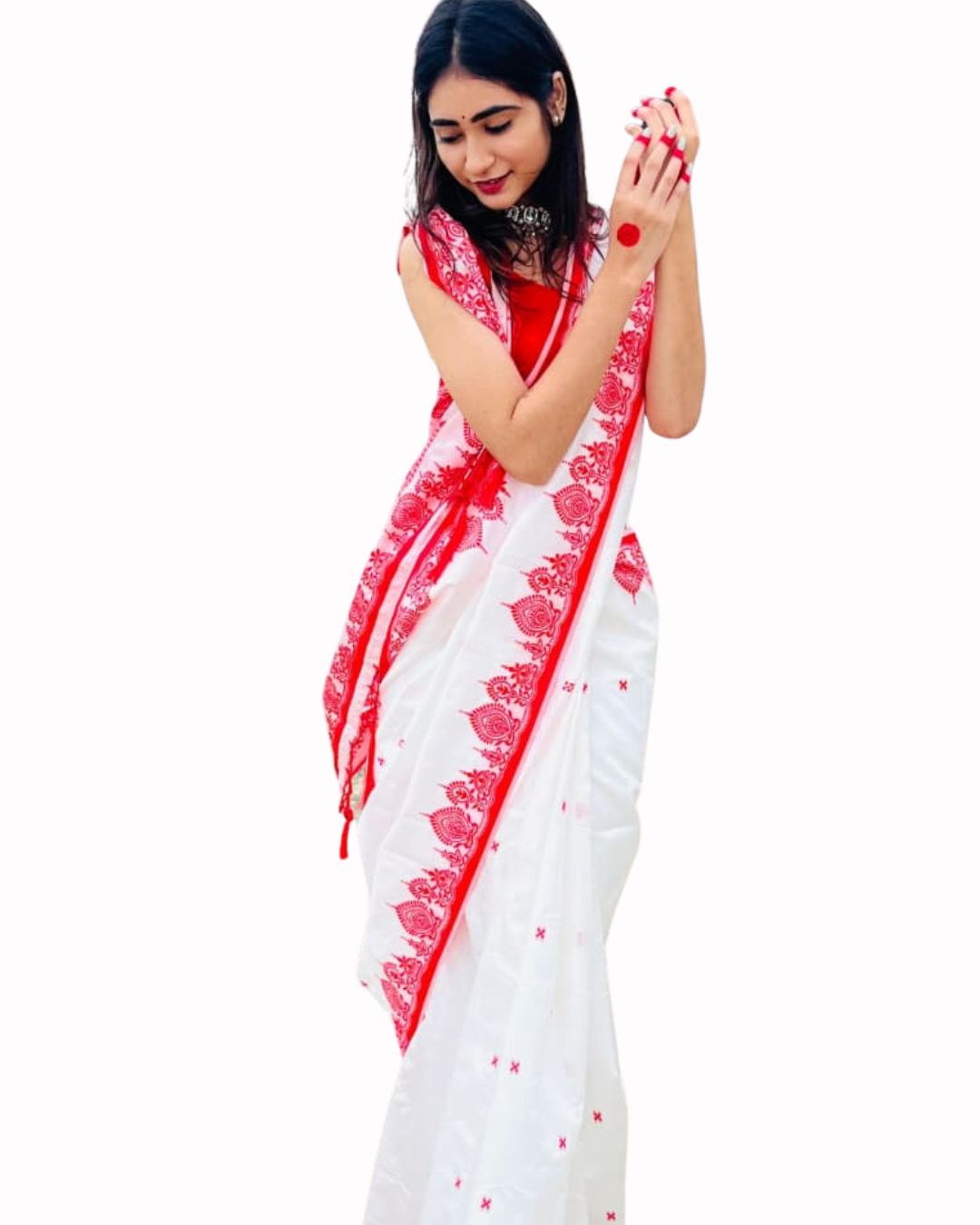 Durga Puja Special Red & White Bengali Silk Saree