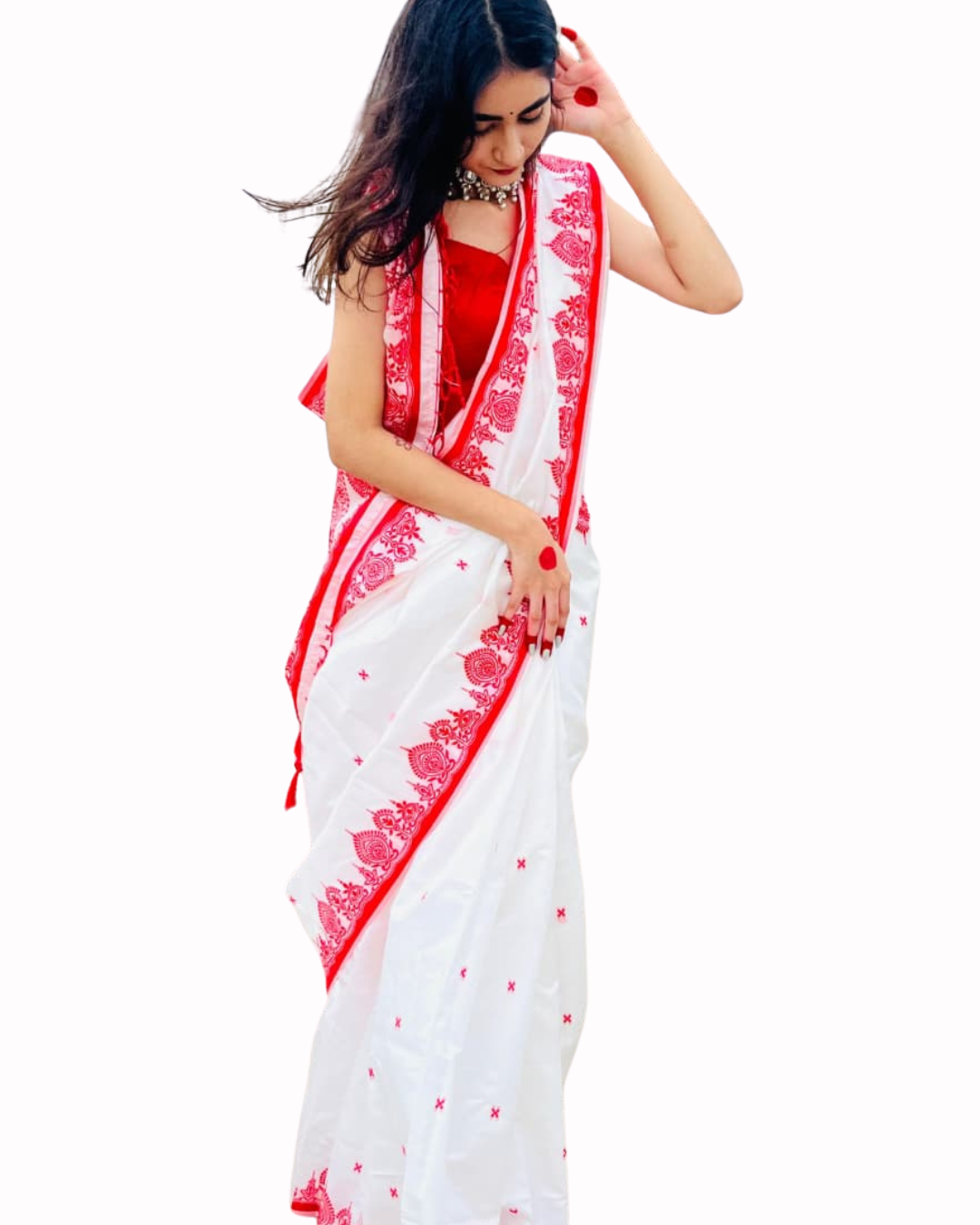Durga Puja Special Red & White Bengali Silk Saree