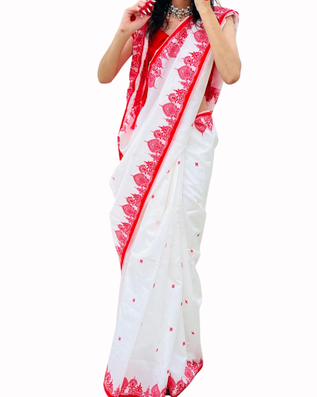 Durga Puja Special Red & White Bengali Silk Saree
