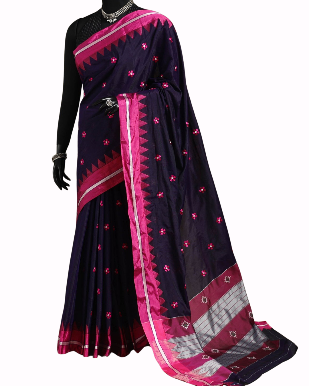 All Over Flower Butta Temple Border Mercerised Cotton Saree – South Indian Elegance