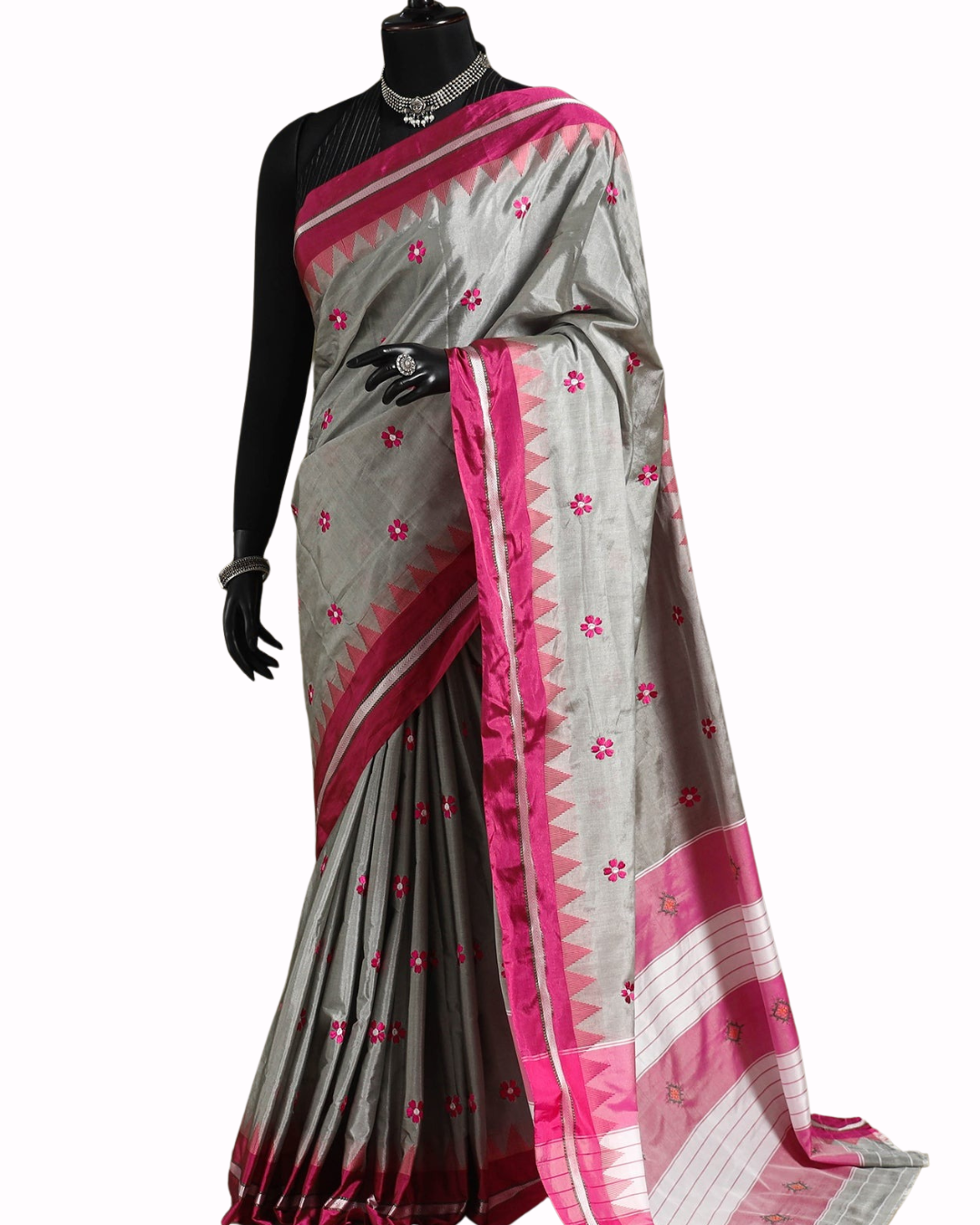 All Over Flower Butta Temple Border Mercerised Cotton Saree – South Indian Elegance
