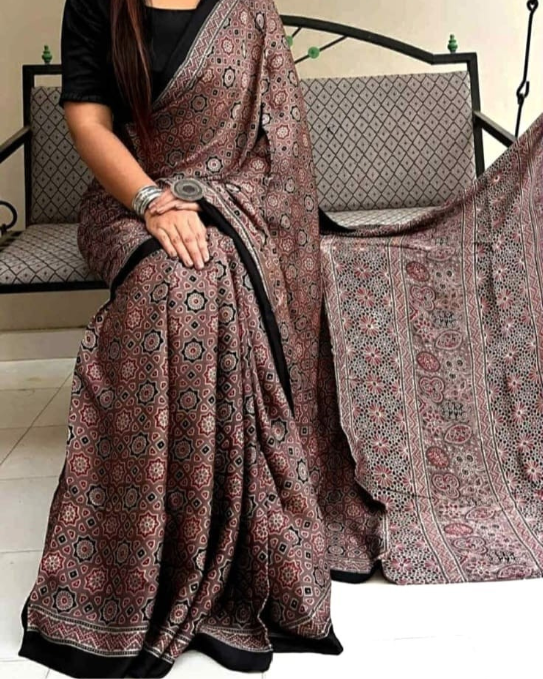 Brown Color Ajrakh Handblock Print Pure Modal Silk Saree