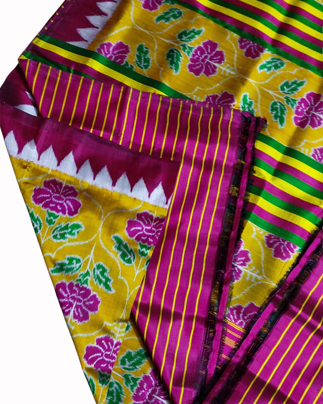 Sambalpuri Handloom Double Ikat Mulberry Silk Saree | Pink Hibiscus Design